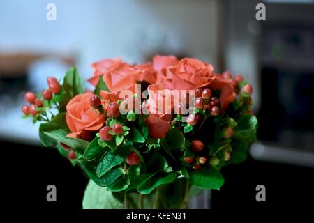 Ein Dutzend Rosen (Rosa) in einer Vase Stockfoto