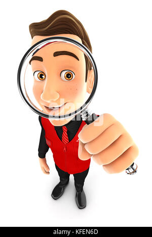3d-Verkäufer auf der Suche nach einer Lupe, Illustration mit isolierten weißen Hintergrund Stockfoto