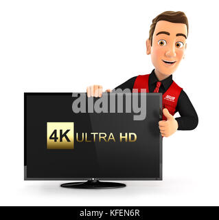 3d-Verkäufer mit 4 k Ultra HD-Fernseher und Daumen hoch, Illustration mit isolierten weißen Hintergrund Stockfoto