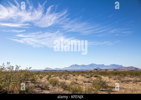 Blick auf die Berge, Wüste, blauer Himmel und Feder-wie Zirruswolken auf der Autobahn 12 in Richtung Big Bend National Park in Texas. Stockfoto