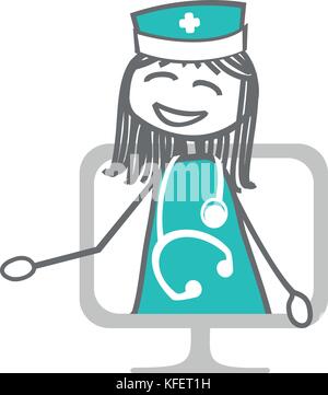 Eine Krankenschwester oder der Arzt stellt eine ärztliche Beratung zu einem Patienten aus der Ferne über das Internet und Telefon Stock Vektor
