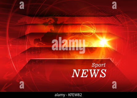 Grafische Sport Nachrichten Hintergrund mit Weltkarte und runde Kreise mit Schichten von Stufen. Text auf Masse. Red warmen Farbschema. Stockfoto