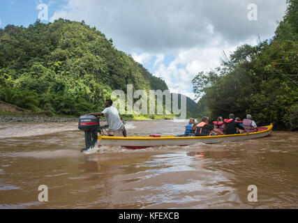 SUVA, VITI LEVU, FIDSCHI-28. NOVEMBER 2016: Motorisiertes Langboot mit Touristen, tropische Regenwaldlandschaft und Fluss Navua in Suva, Fidschi Stockfoto