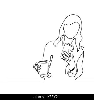 Durchgehende Linie zeichnen. Junge Frau auf der Suche smart phone und trinken Kaffee oder Tee. Vector Illustration Stock Vektor