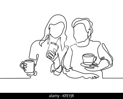 Durchgehende Linie zeichnen. Junge Frau, Smartphone an die alte Großmutter und trinken Kaffee oder Tee. Vector Illustration Stock Vektor