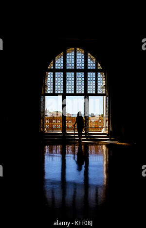 Frau blickt auf das große Dogenpalastfenster zum Canal Grande in Venedig, Italien Stockfoto