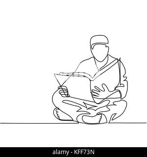 Mann in Fez lesen Koran. Durchgehende Linie zeichnen Vector Illustration Stock Vektor