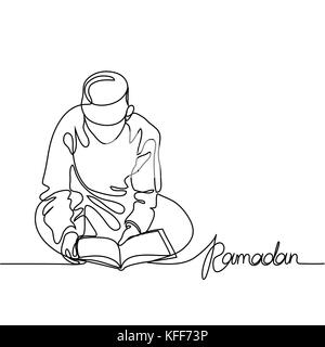 Junge in Fez lesen Koran. Durchgehende Linie zeichnen Vector Illustration Stock Vektor