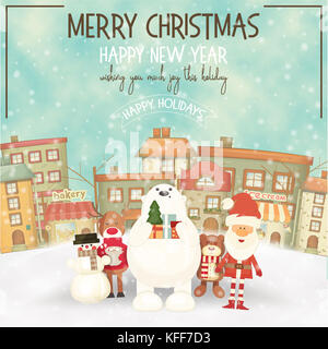 Frohe Weihnachten retro Grußkarte - Weihnachtsmann und xmas Zeichen im Winter kleine Stadt. Abbildung. quadratischen Format. Stockfoto