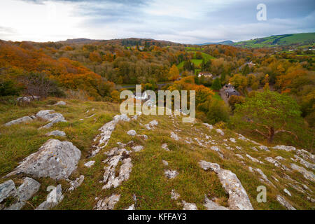 Erhöhte Blick über den Loggerheads Country Park von der Oberseite der Kalkfelsen, der die Ansicht Teil des Clwydian Hügel reichen Hügel in denbigshire, Wales, Großbritannien Stockfoto
