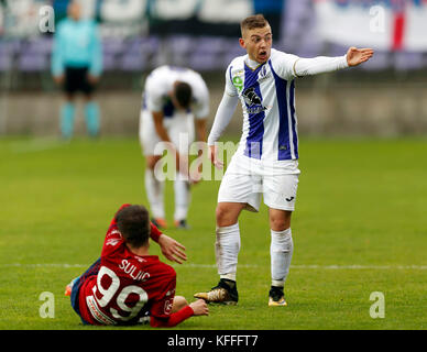 Budapest, Ungarn. 28 Okt, 2017 Budapest, Ungarn - 28. Oktober: donat zsoter (r) Der-fc beschwert sich neben dem Verletzten asmir Suljic #99 Der videoton fc während die ungarische OTP Bank Liga Match zwischen-FC- und Videoton fc am Szusza Ferenc Stadion am 28. Oktober 2017 in Budapest, Ungarn. Credit: Laszlo szirtesi/alamy leben Nachrichten Stockfoto