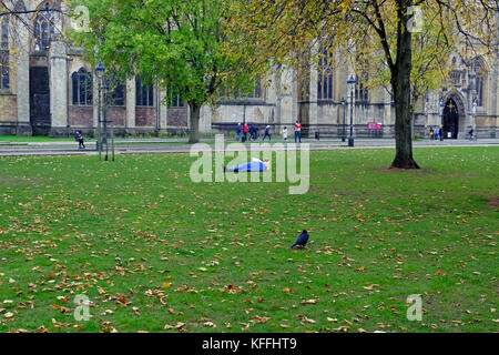 Bristol, UK. 28. Oktober, 2017. Eine obdachlose Person schläft auf College Green, in der Nähe der Kathedrale und der Rat der Stadt stellen. National Audit Office einen Bericht, in dem Daten in Bristol gesammelt und sieben andere lokale Behörden verwendet, deutet darauf hin, dass die Zahl der Obdachlosen in England um 134 % zwischen 2010 und 2016 erhöht. Keith Ramsey/Alamy leben Nachrichten Stockfoto