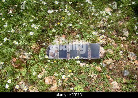 Eine Reihe von tragbaren Solaranlagen für Camping verwendet. umweltfreundlich Strom in Blumen Stockfoto