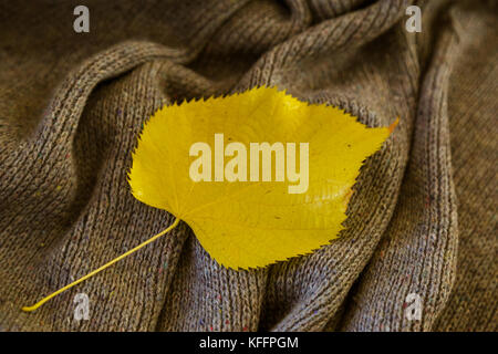 Hintergrund der gestrickt grau Bettwäsche von Ziegenmilch Wolle mit Stricknadeln oder auf eine Strickmaschine in großen Wellen mit gelben Aspen Blatt festgelegt Stockfoto