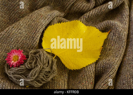 Hintergrund der gestrickt grau Bettwäsche von Ziegenmilch Wolle mit Stricknadeln oder auf eine Strickmaschine in großen Wellen mit gelben und roten festgelegten Aspen Blatt Stockfoto