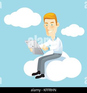 Geschäftsmann mit einem Tablet sitzt auf einer Wolke. Stock Vektor