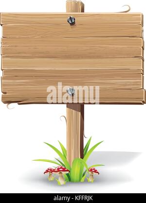 Holz- Zeichen auf ein Gras mit Pilzen. Vector Illustration Stock Vektor