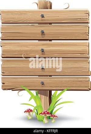 Holz- Zeichen auf ein Gras mit Pilzen. Vector Illustration Stock Vektor