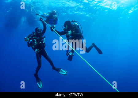 Taucher, der während eines Sicherheitsstopps an der Oberfläche am Ankerseil vorbeifährt, Adria, Mittelmeer, Kroatien Stockfoto