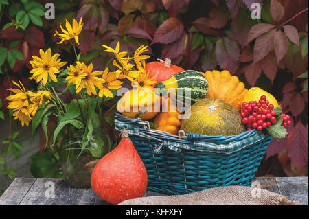 Drei verschiedene schöne reife Kürbisse liegen auf der Fensterbank im Haus im Hintergrund der herbstlichen Garten. Close-up. Kopieren Sie Platz. Stockfoto