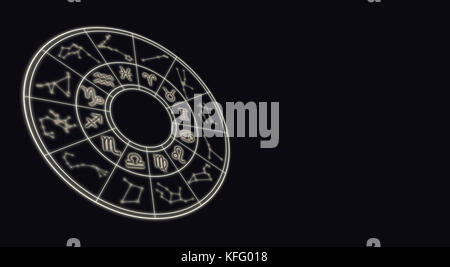 Astrologie und Horoskope Konzept. Astrologischen Tierkreiszeichen im Kreis auf Sternenhimmel als Hintergrund. Stockfoto