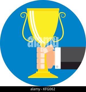 Goldene Becher in der Hand Symbol flachbild Cartoon. Sieger Führung hand Trophäe, Belohnung, und Sieg, Triumph Abzeichen label. Vector Illustration Stock Vektor