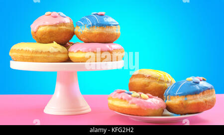 Pop Art Colour Style Donuts und Bäckerei goodies auf hellen farbigen Hintergrund. Stockfoto