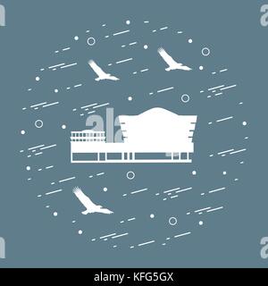 Der Solomon R. Guggenheim Museum in New York, USA und Silhouetten von einem hochfliegenden Adler in einem Kreis angeordnet. Symbole der USA. Stock Vektor