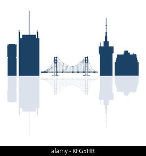 Silhouetten der Golden Gate, Hängebrücke und moderne Gebäude in den USA. hohe Gebäude, Wolkenkratzer und Brücke. Stock Vektor