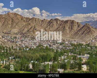 Panoramablick von den hohen Bergen von Leh, der Hauptstadt Ladakhs: eine riesige Palette erstreckt sich diagonal vom Foto, an der Basis der Gree Stockfoto