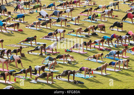 Atlanta, GA, USA - Juli 2, 2017: Dutzende Leute tun die Liegestütz, wie sie Teil in einer freien Gruppe Yoga Klasse bei der Alten vierten Station Park. Stockfoto