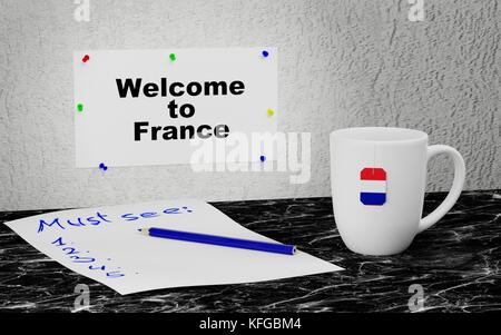 Große Tasse und Label an der Wand mit Text Willkommen in Frankreich. 3D-Rendering. Stockfoto