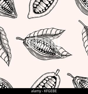 Nahtlose Muster mit Blätter und Früchte von Kakaobohnen. Vintage schwarz Vektor Hand gezeichnet Gravur Abbildung. auf weißem Hintergrund. Stock Vektor