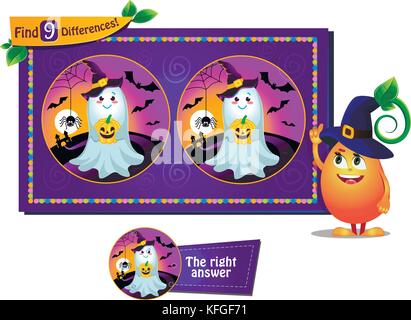 Visuelle Spiel für Kinder und Erwachsene. Aufgabe 9 Unterschiede. Lernspiel für Kinder. cartoon Vector Illustration auf Halloween, Geist finden Stock Vektor