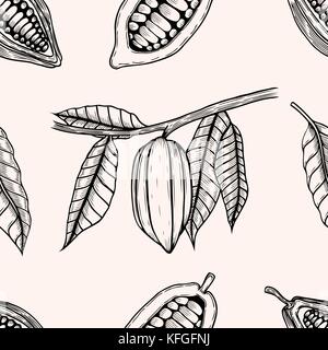Nahtlose Muster mit Blätter und Früchte von Kakaobohnen. Vintage schwarz Vektor Hand gezeichnet Gravur Abbildung. auf weißem Hintergrund. Stock Vektor