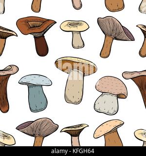 Nahtlose Muster mit amanita Wald Pilze - Vektor outline Hand gezeichnete Skizze. Sammlung verschiedener Pilze mit Wurzeln, echten essbar und Poiso Stock Vektor