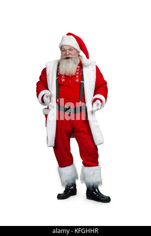 Authentische santa claus, Studio erschossen. Santa Claus in Brillen auf weißem Hintergrund. Freundliche bärtigen Weihnachtsmann. Stockfoto