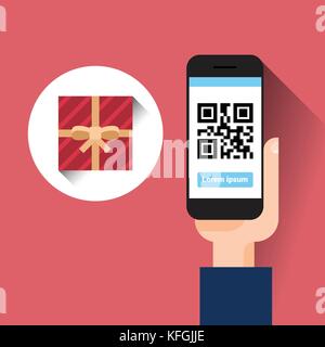 Hand halten, smart phone Scannen QR Code mit Geschenkbox Nachricht shopping Verkauf Konzept Stock Vektor