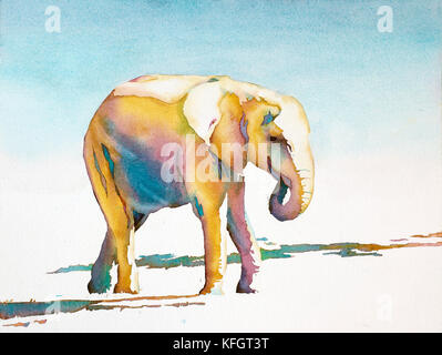 Fine Art watercolor batikmalerei von Elefant gehend über die Savanne. Stockfoto