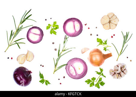 Zwiebeln, Knoblauch, Rosmarin und Gewürze Stockfoto