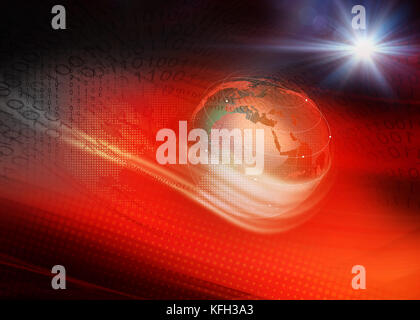 Red Thema digitale Welt Technologie Hintergrund, winken, Die durch den digitalen Raum rund um den Globus. Stockfoto