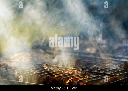 Gegrilltes Hähnchen Schenkel auf den brennenden Grill hähnchen Grill Stockfoto