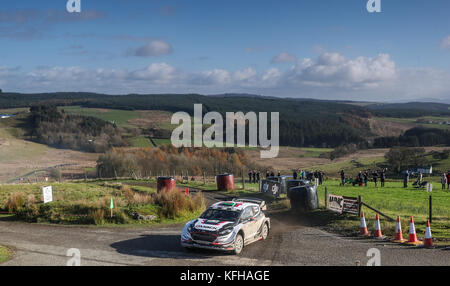 Elfyn Evans aus Großbritannien und M-Sport World Rally Team fahren mit Co-Pilot Daniel Barritt am vierten Tag der Dayensure Wales Rally GB auf der Brenig-Etappe. Stockfoto