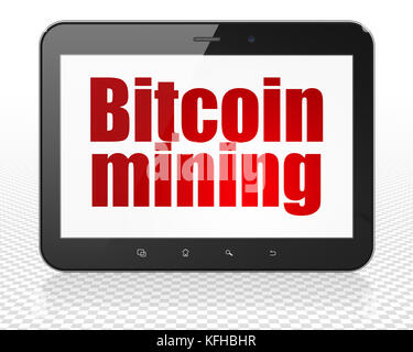 Blockchain Konzept: Tablet PC-Computer mit bitcoin Bergbau auf Anzeige Stockfoto