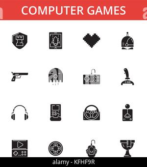 Computerspiele Abbildung, dünne Linie Symbole, lineare Flachbild Zeichen, Symbole, Piktogramme, editierbare Anschläge Stock Vektor