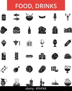 Essen, Getränke Abbildung, dünne Linie Symbole, lineare Flachbild Zeichen, Symbole, Piktogramme, editierbare Anschläge Stock Vektor