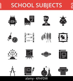 Unterrichtsfächer Abbildung, dünne Linie Symbole, lineare Flachbild Zeichen, Symbole, Piktogramme, editierbare Anschläge Stock Vektor