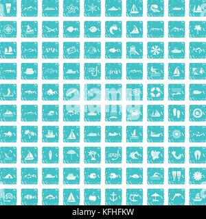 100 Meer Icons Set grunge Blau Stock Vektor