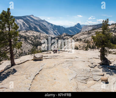 Olmsted Point Yosemite National Park, Kalifornien, Touristen am Half Dome in der Ferne suchen. Stockfoto