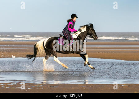 Southport, Merseyside, UK. 29. Oktober 2017. UK Wetter: Ein schöner sonniger Start in den Tag wie Yvonne Allen canters Ihr 7 Jahre altes Pferd "Trev' durch die Flut auf den goldenen Sandstrand von Southport Strand in Merseyside. Credit: cernan Elias/Alamy leben Nachrichten Stockfoto